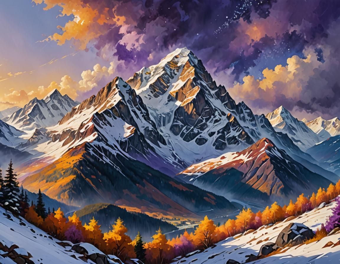 Majestic Mountain in Golden Light: Oil Painting
