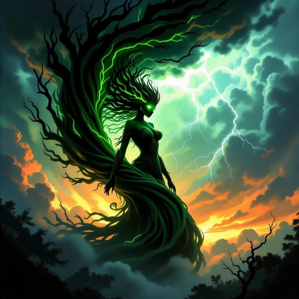 Tornado Dryad Merging with a Storm in Chiaroscuro Style