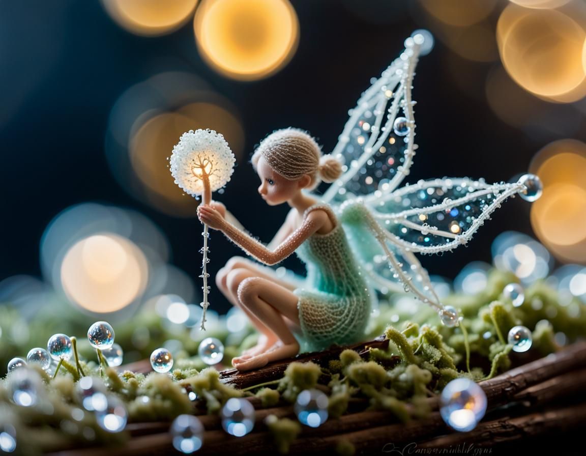 Iridescent Dewdrop Fairy on Bioluminescent Flower