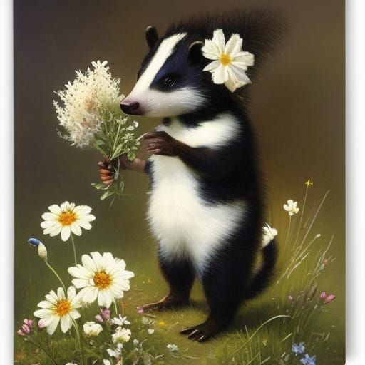 Charming Skunk with Wildflowers Illustration