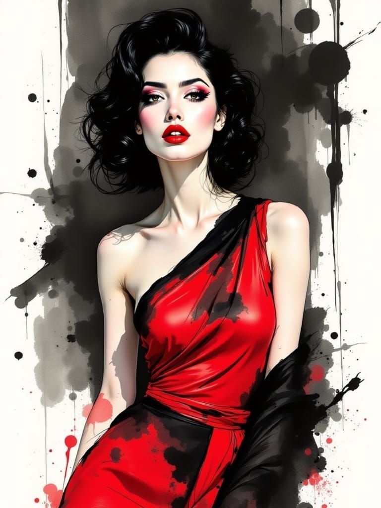 Elegant Woman in Red Stained Glass Dress, In Cyberpunk Fashi...