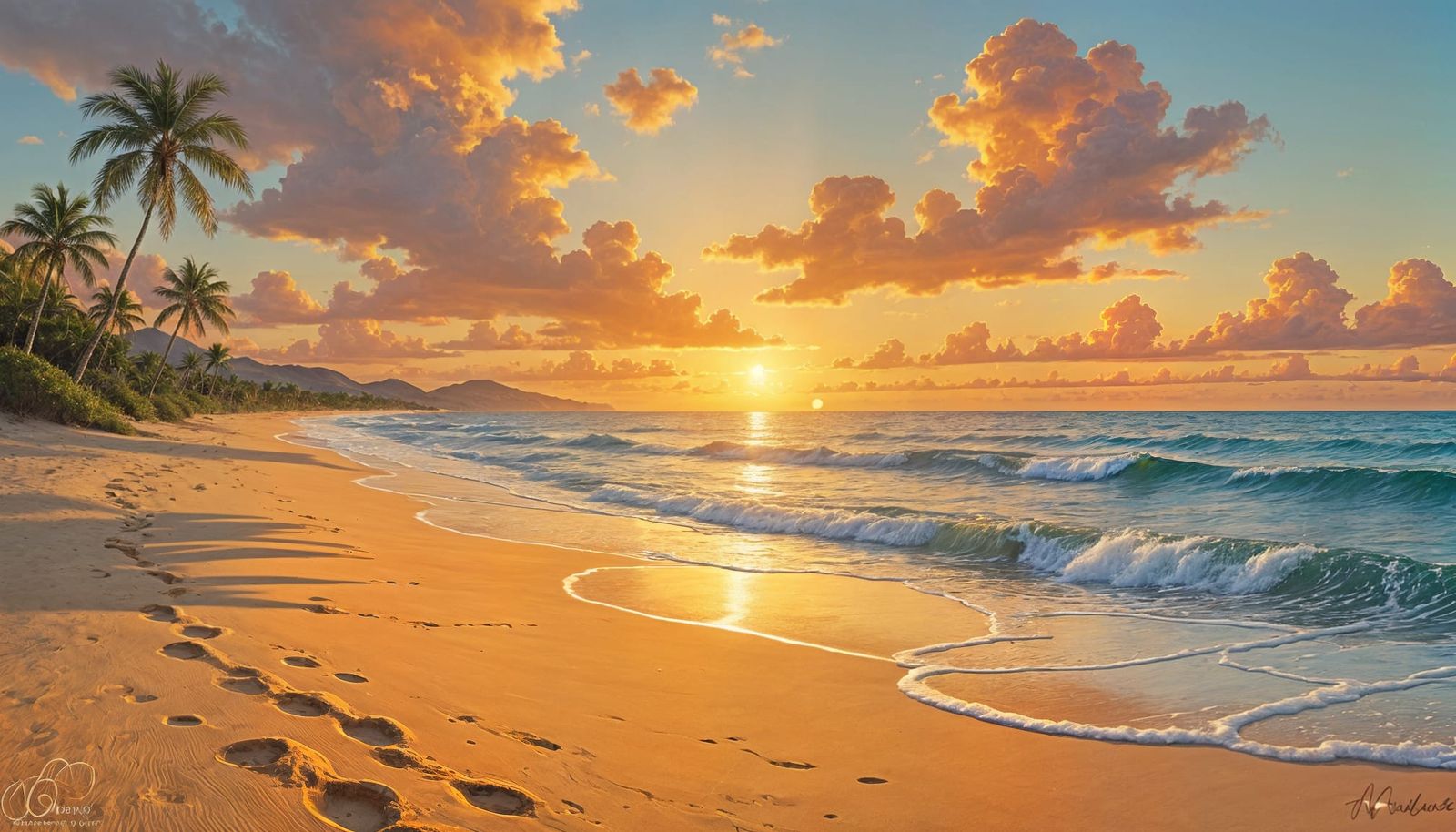 Surreal Sunset on Sandy Beach: Oil Painting