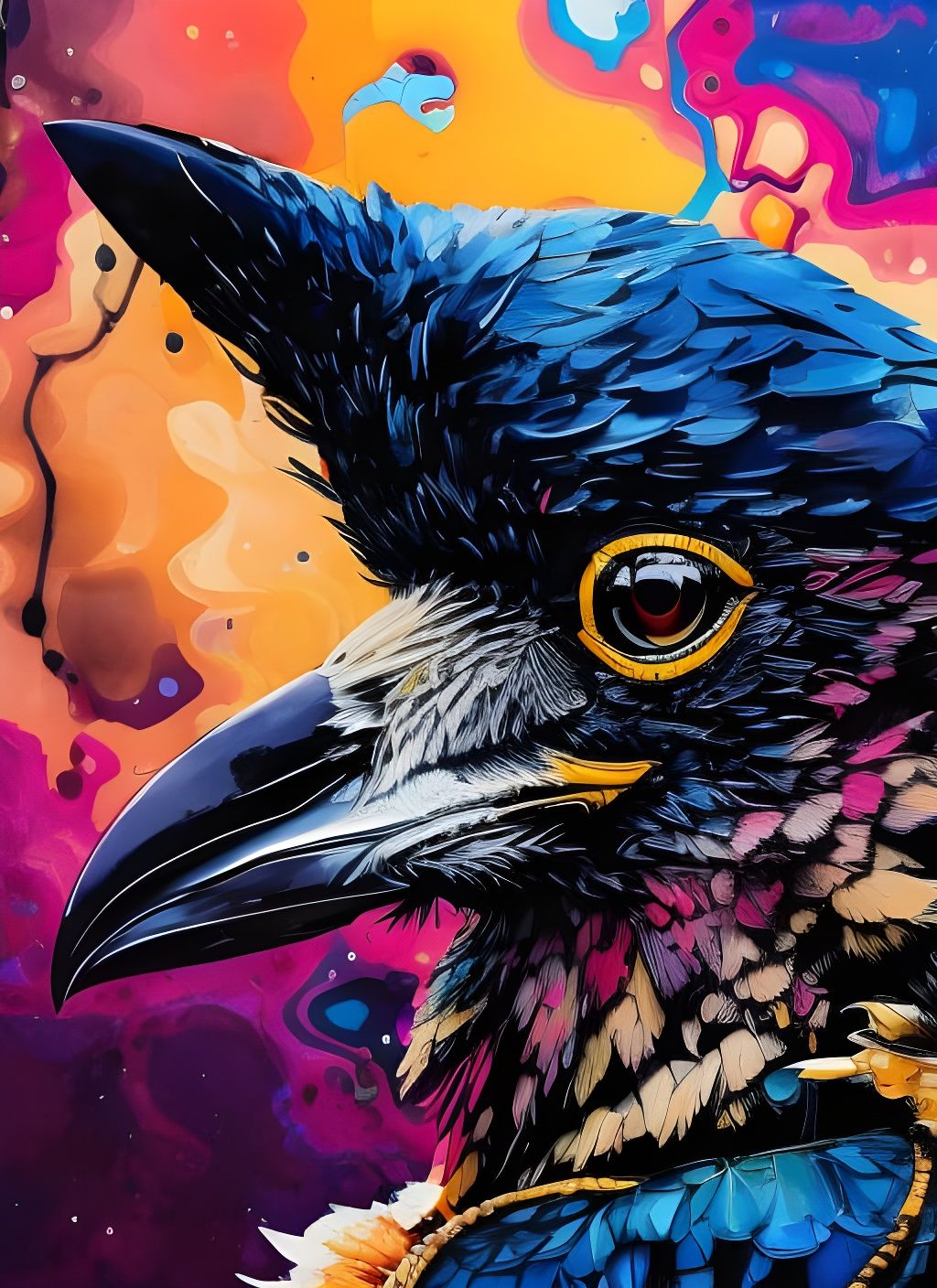 Badass Crow Portrait in Marbling Oil Splash Style