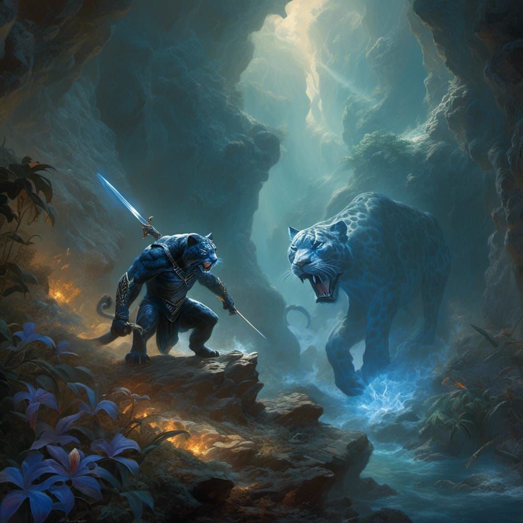 Panther Warrior Fighting in Dark Ethereal Cave