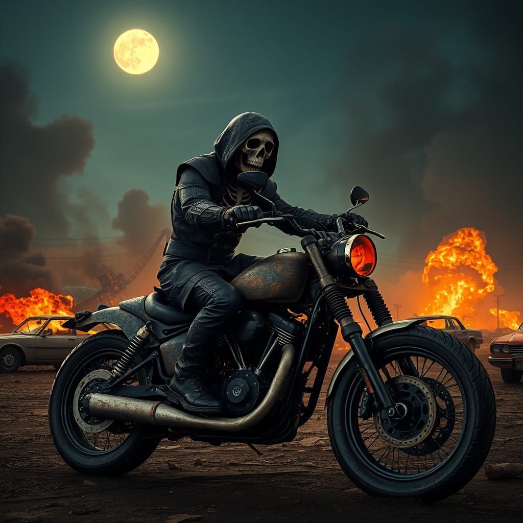 Skeletal Biker Rides Bone Motorcycle in Dystopian Wasteland