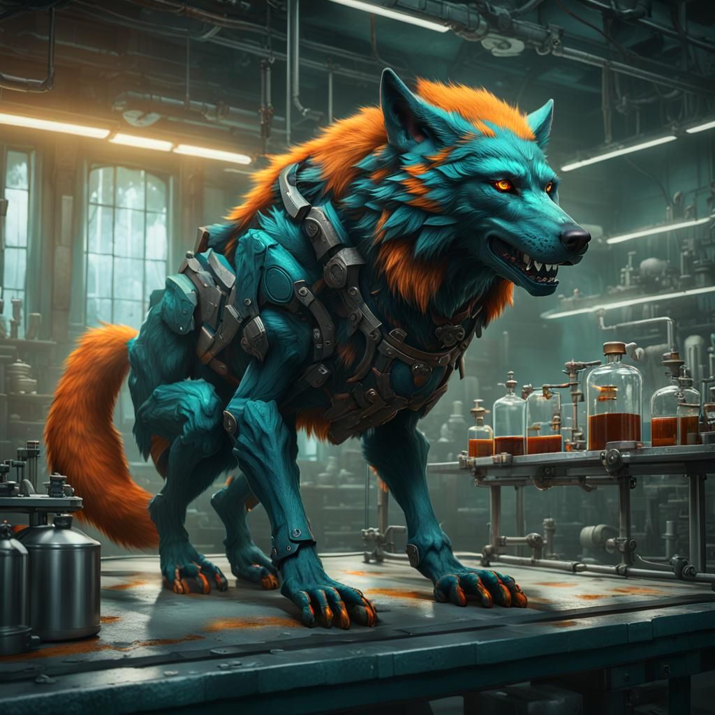 Dark Teal Wolf in Laboratory: Fantasy Concept Art
