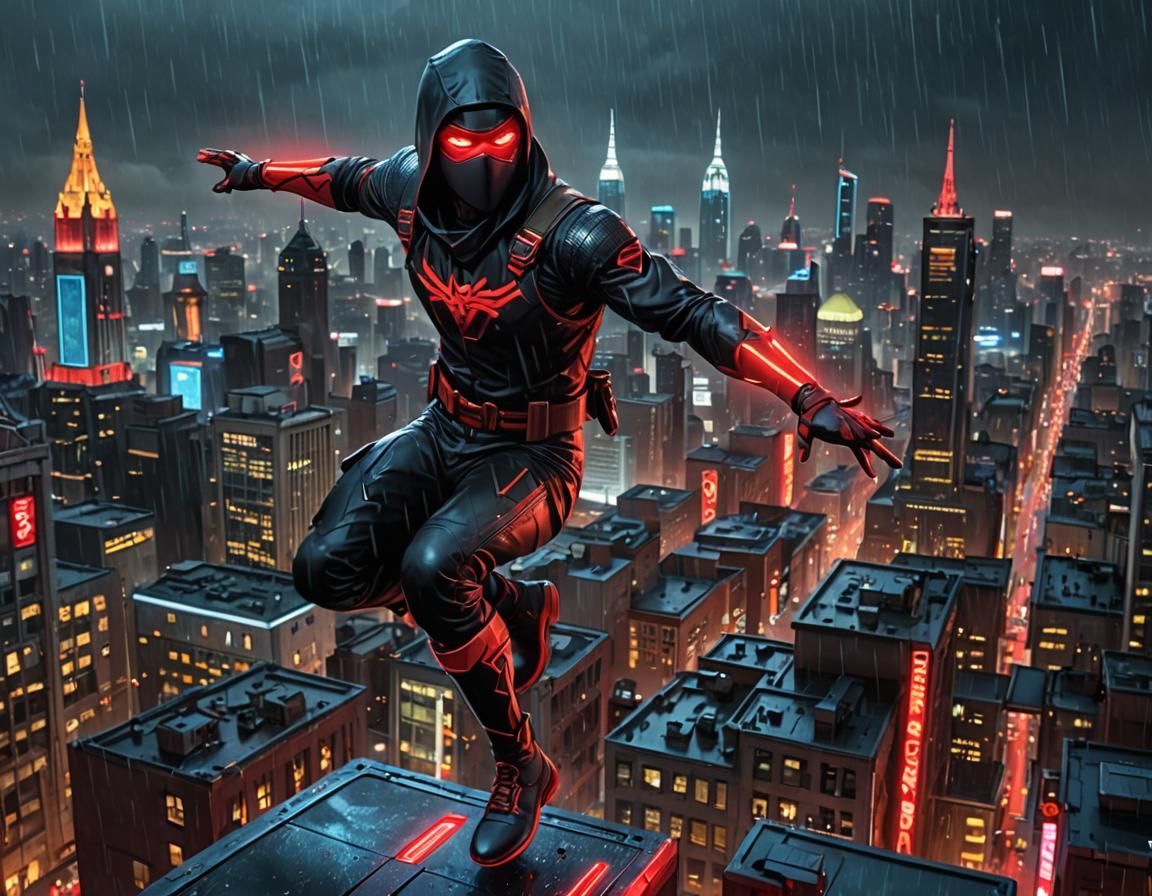 Cyberpunk Ninja Warrior Leaps Over City Cathedral