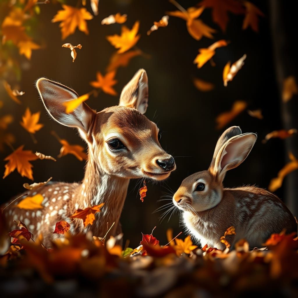 Fawn and Bunny Play With Autumn Leaves