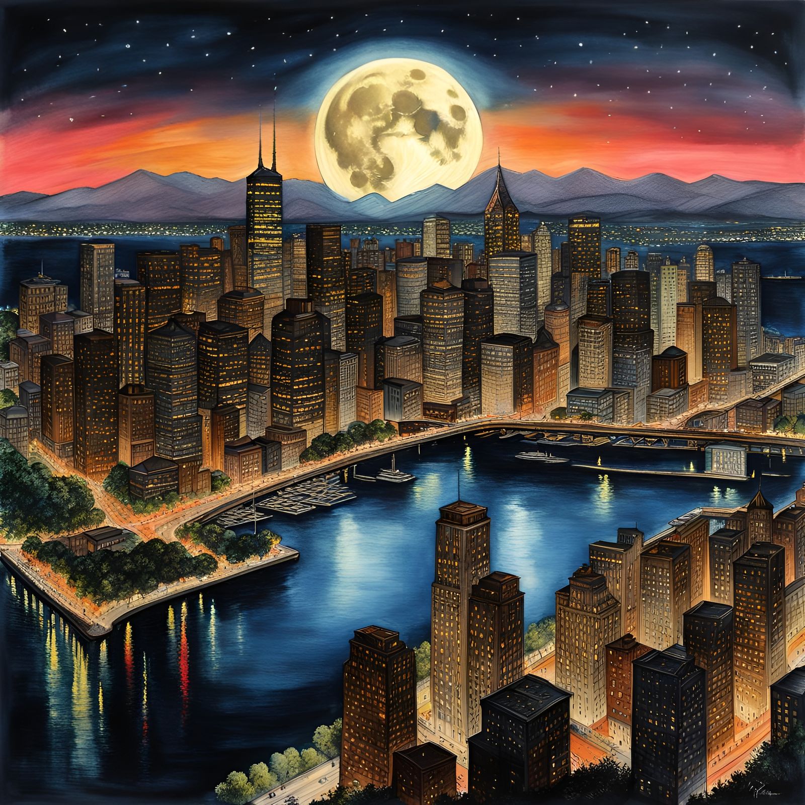 City at Night Under Full Moon, Polychromatic Illustration