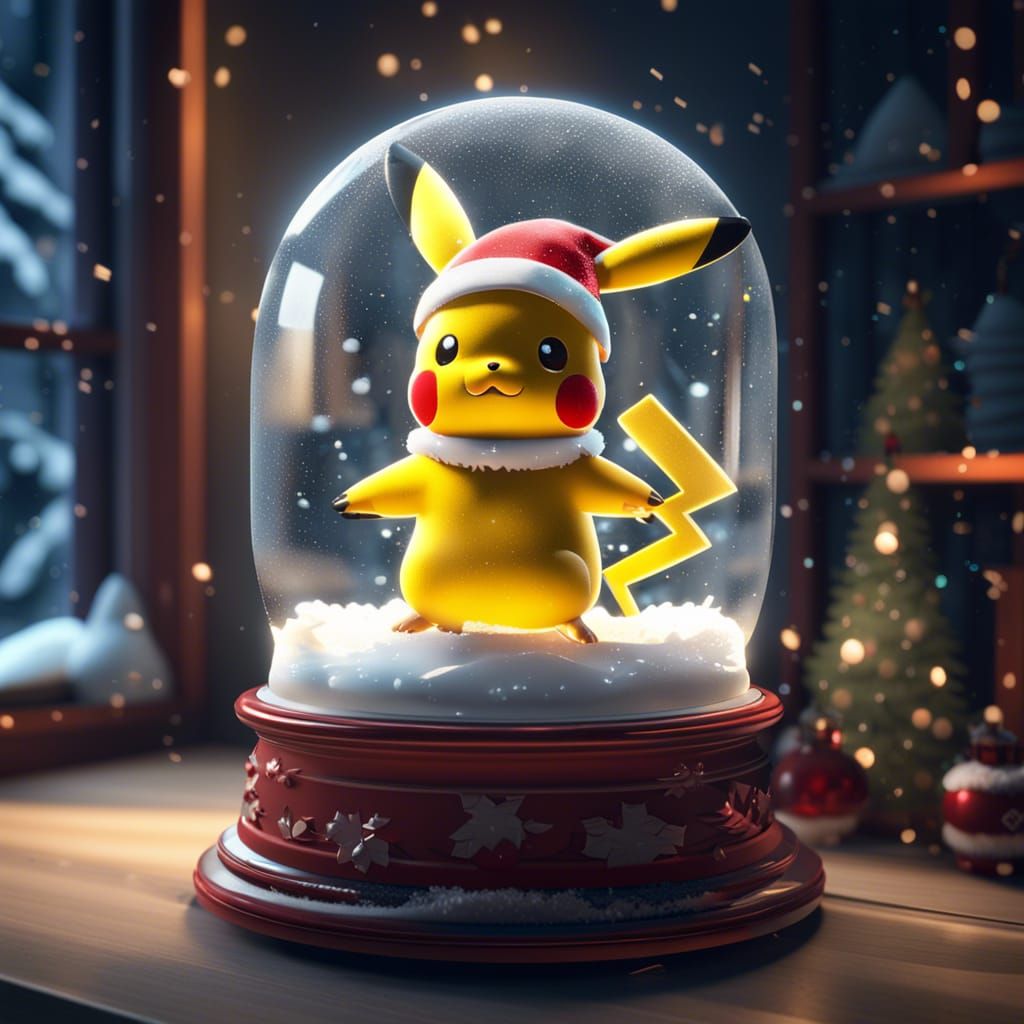 pikachu wearing santa hat inside the snow globe, on shelf in...