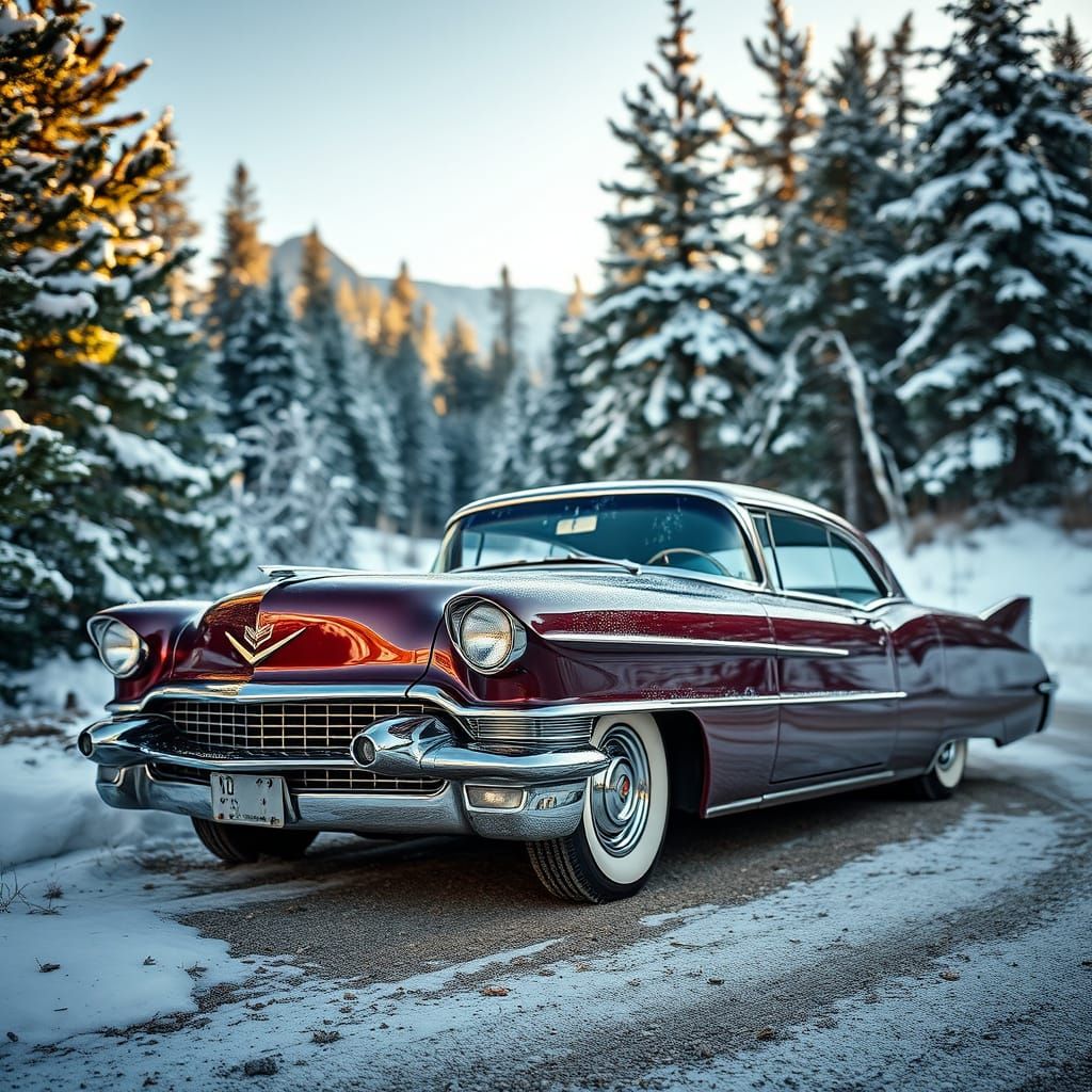 Vintage Plum Cadillac in Snowy Utah Mountains