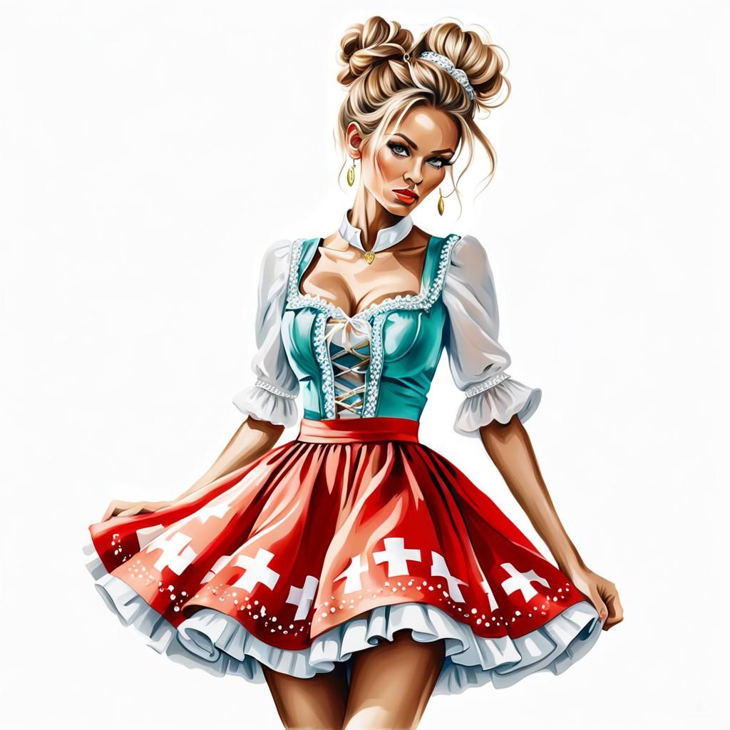 Airbrush Illustration: Swiss Blonde in Luxury Dirndl