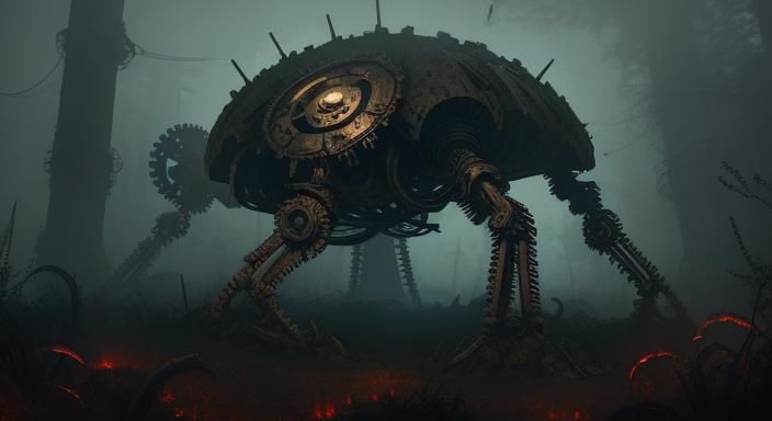 Biomechanical Snail Shell in Eerie Forest