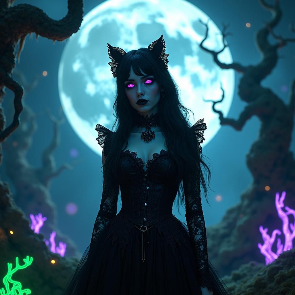 Gothic Victorian Woman in Eerie Moonlit Scene