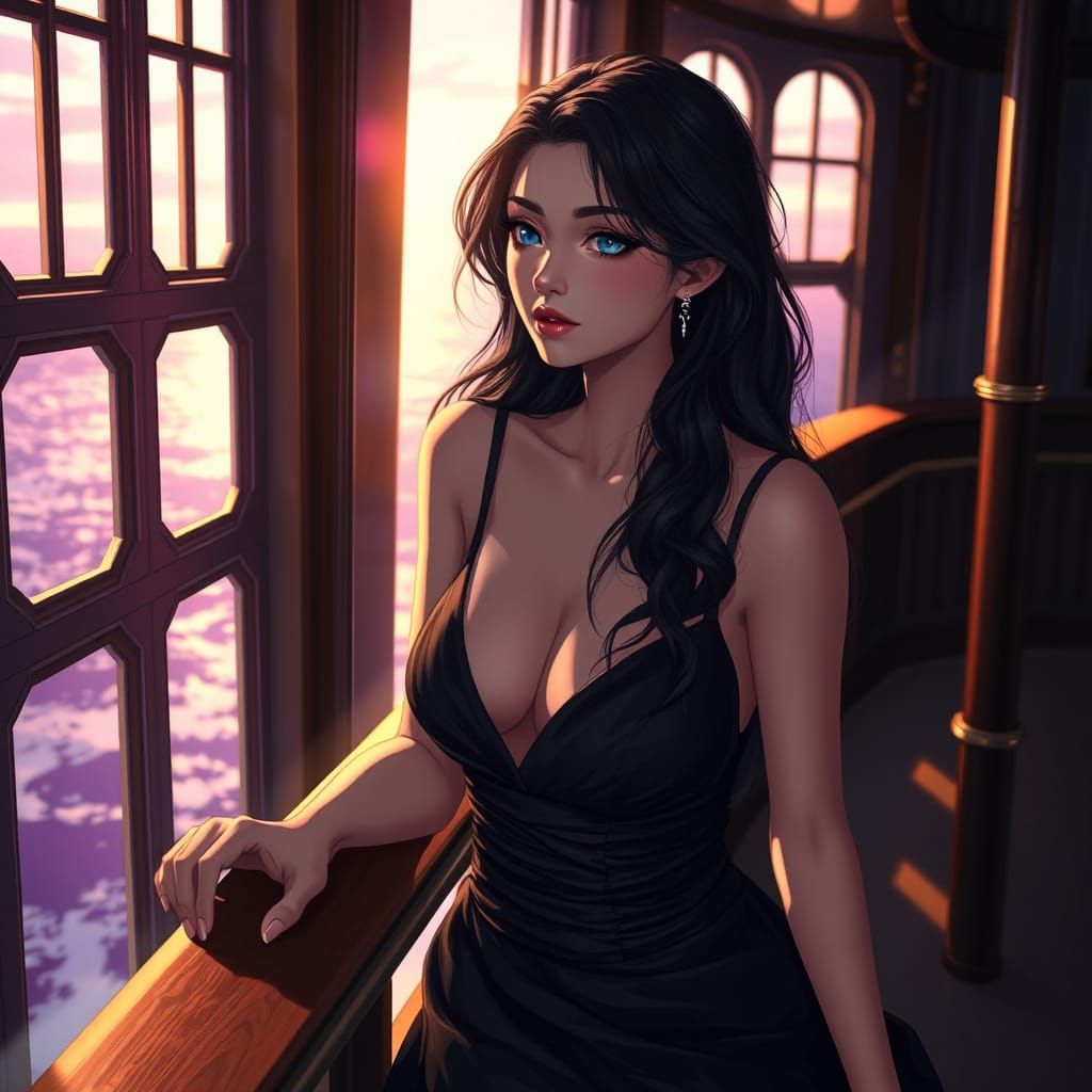 A stunningly dreamy and ethereal anime-style portrait of a young, beautiful woman in a black satin dress, sitting on the...