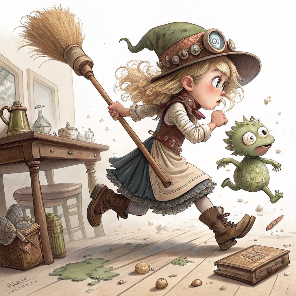 Steampunk Girl Chases Gremlin with Broom