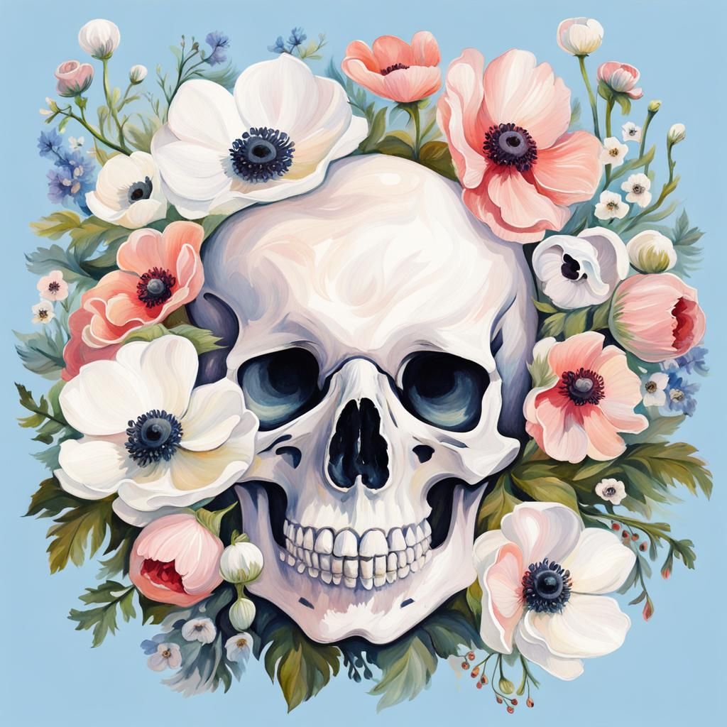 Kawaii Skull Surrounded by Anemones in Gouache Style