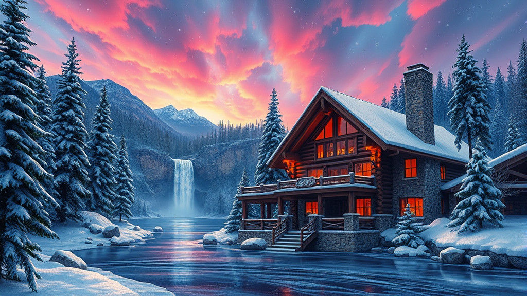 Majestic Winter Lodge on Frozen Lake