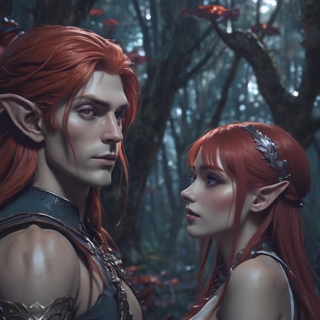 Elf Man and Red-Haired Woman in Anime Style