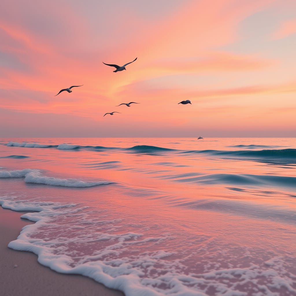 Dreamy Beach at Dawn with Vibrant Sea Birds and Dolphins