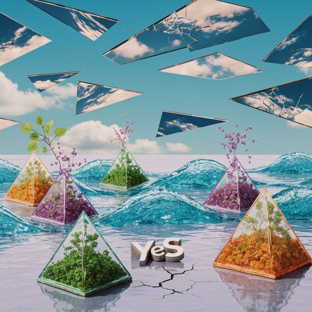 Liquid Pyramids With Micro Plants in Surreal Dreamscape