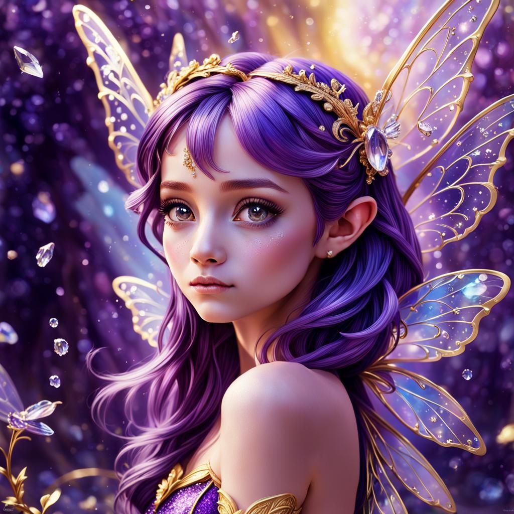 Purple Fairy with Crystal Wings in Fairytale Style