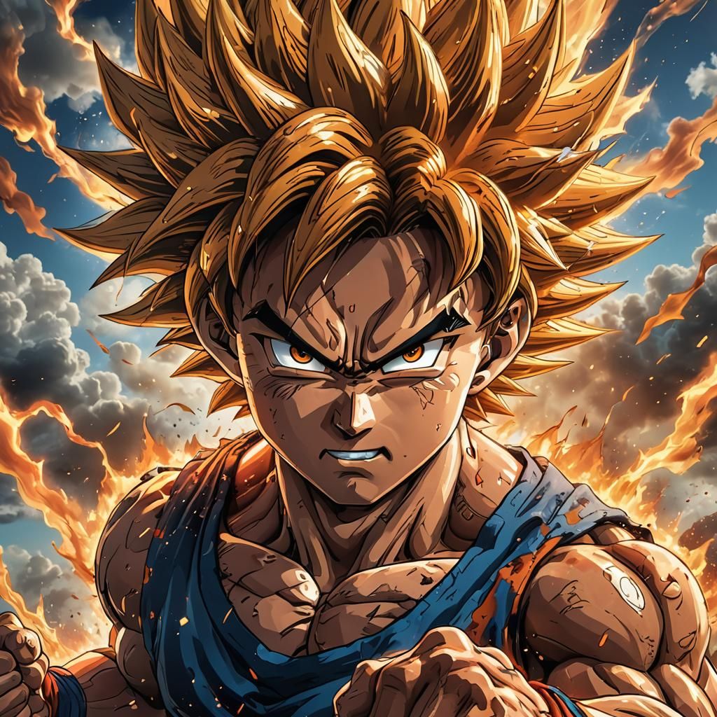 Goku with Fiery Aura in Vibrant Anime Style