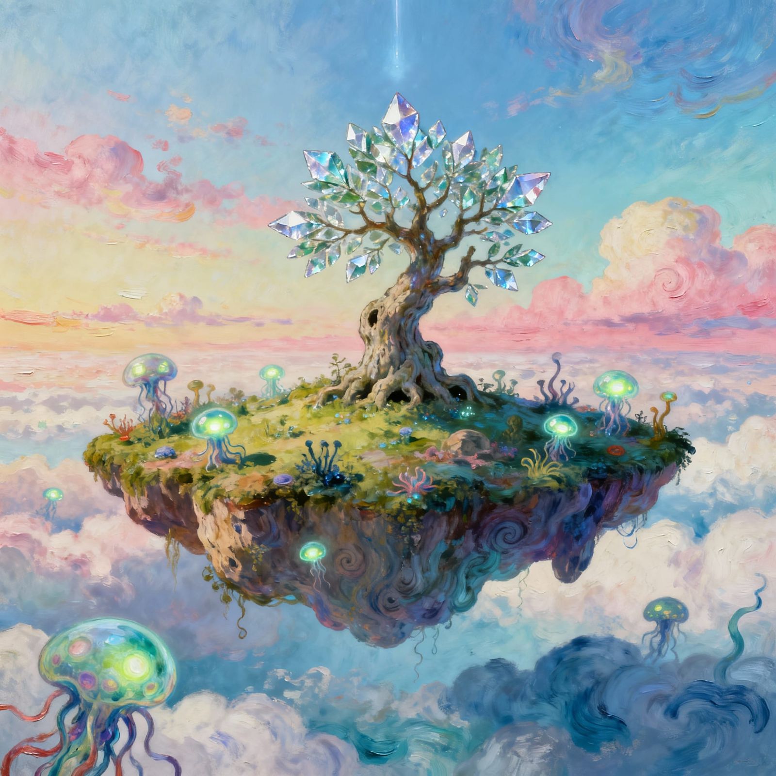 Whimsical Floating Island with Crystal Tree in Pastel Sky