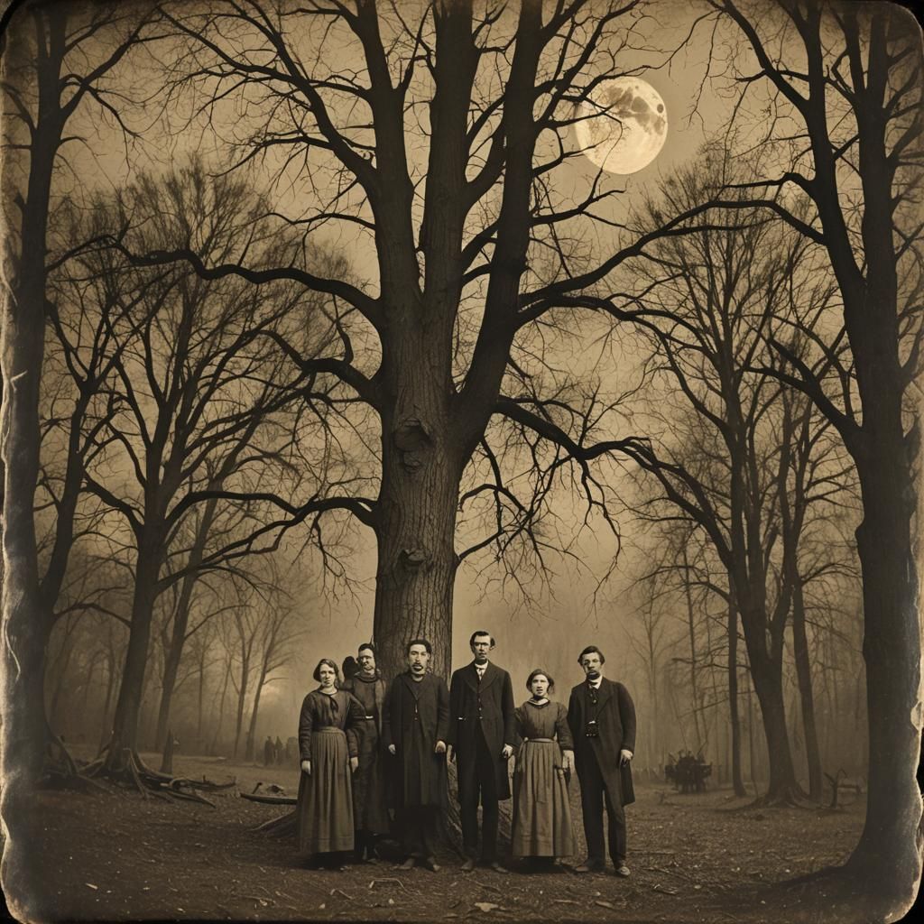 19th Century Family in Forest Under Moonlit Glow