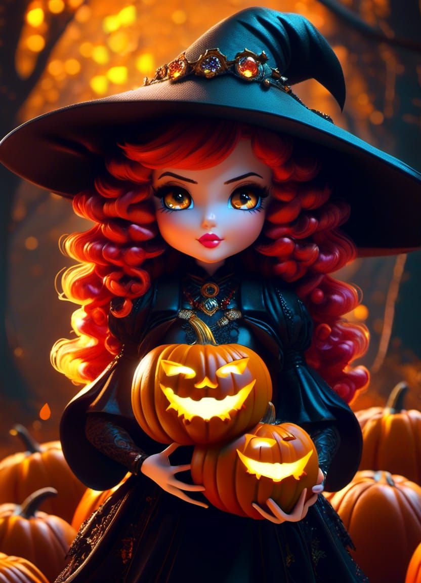 Whimsical Chibi Witch with Pumpkin, 3D Cel-Shaded