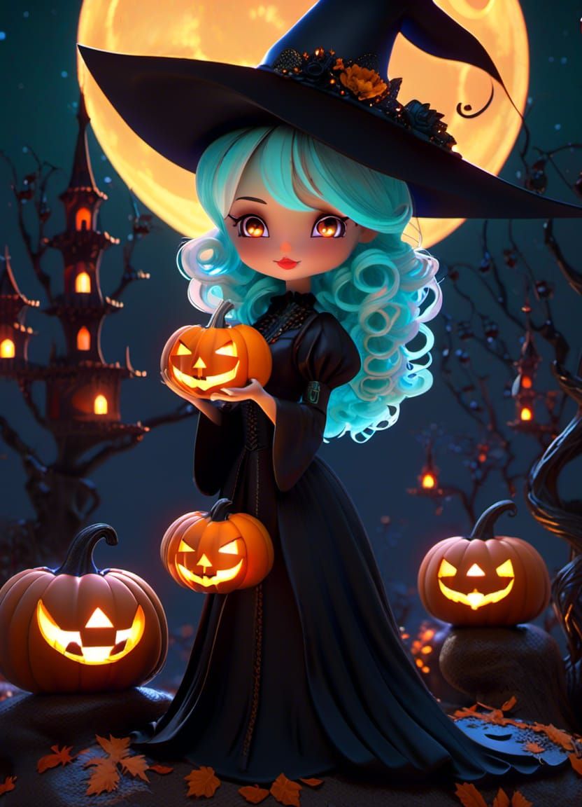 Chibi Witch with Pumpkin in 3D Cel-Shaded Style