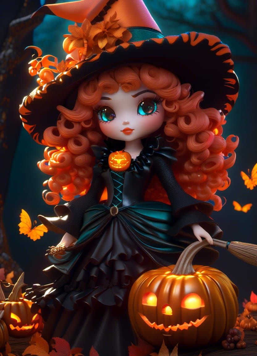 Whimsical Chibi Witch with Pumpkin in 3D Cel-Shaded Style