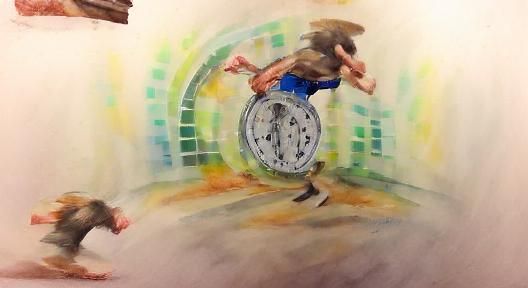 Man Runs in Clockwork Wheel: Watercolor Painting