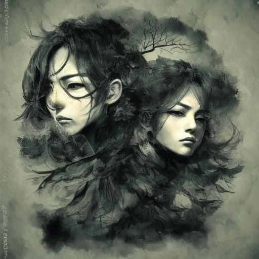 Intense Manga Portrait of Brothers in Dark Forest