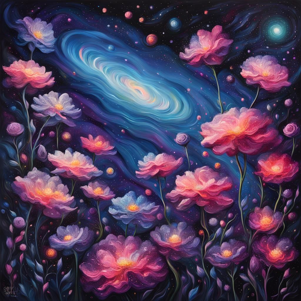 Cosmic Garden: Surreal Galaxy Flowers in Oil