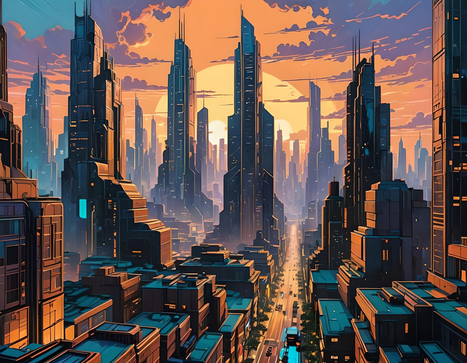 Futuristic City at Sunset: Cyberpunk Meets Art Deco