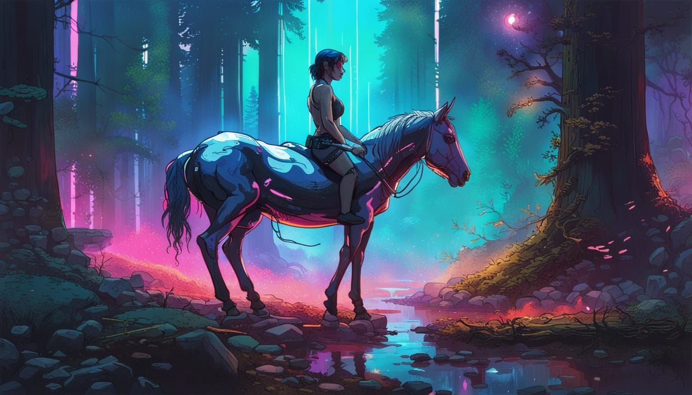 Cyberpunk Centaur in Mythical Forest
