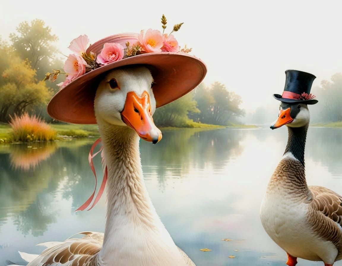 Geese in Hats: Whimsical Watercolor Fantasy Art