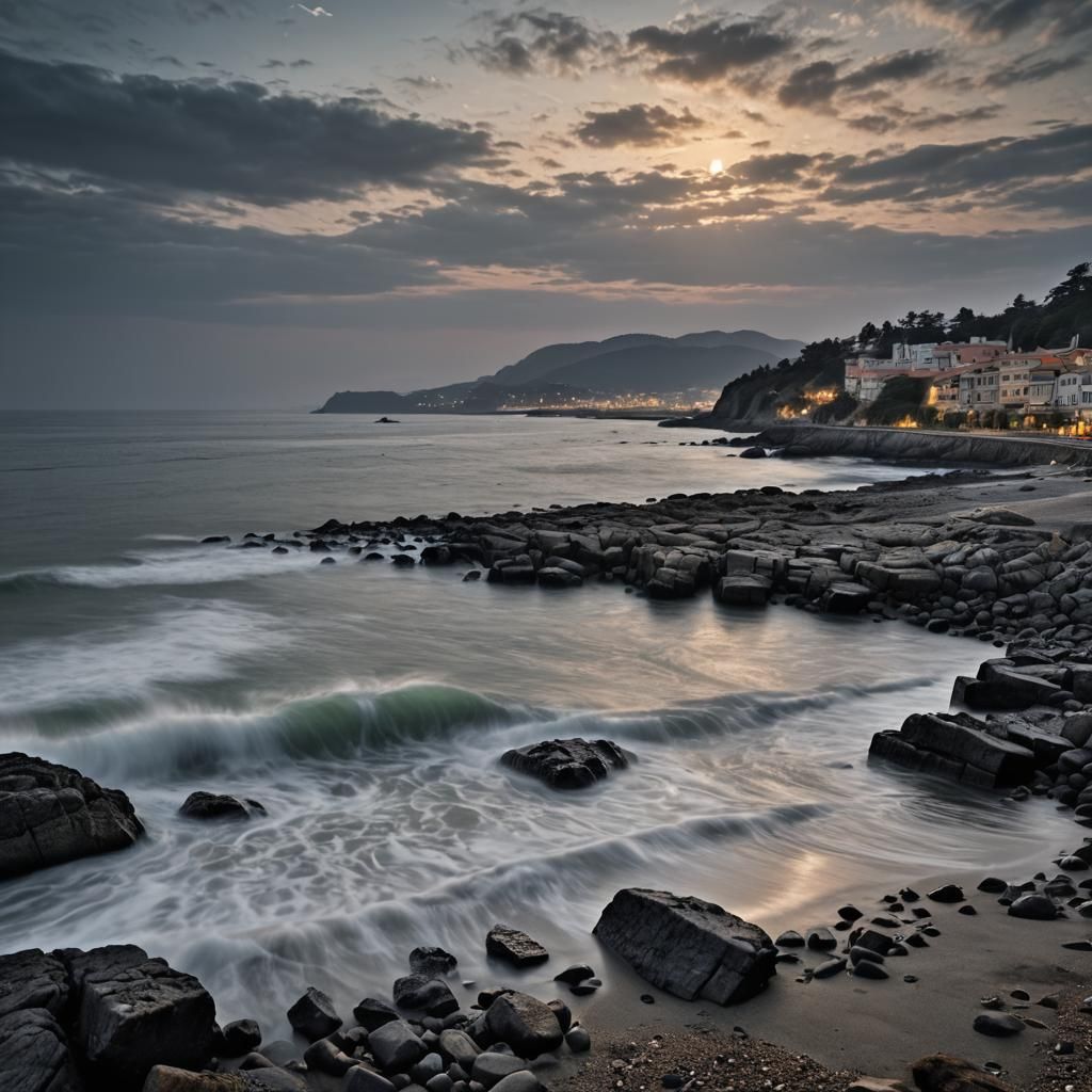 Moody Hyperrealistic Bay at Night: Cinematic HDR Image