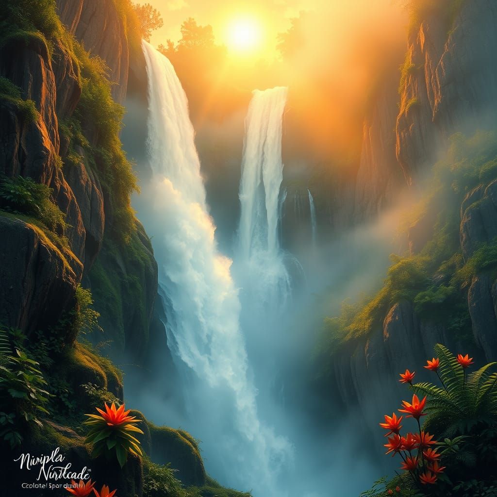 Surreal Waterfall Cascades Amidst Emerald Foliage in a Golde...