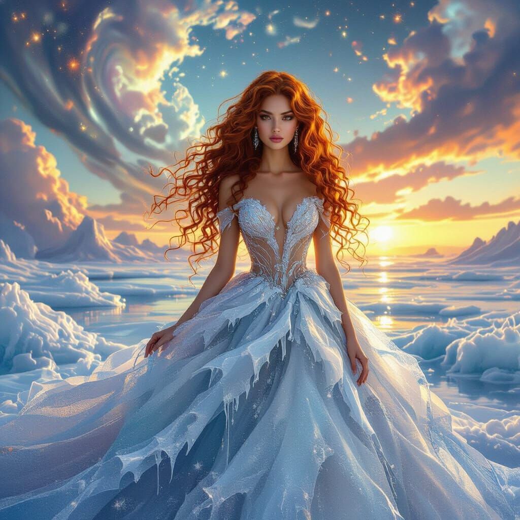 Surreal Woman in Ice Gown Under Nebula Sky