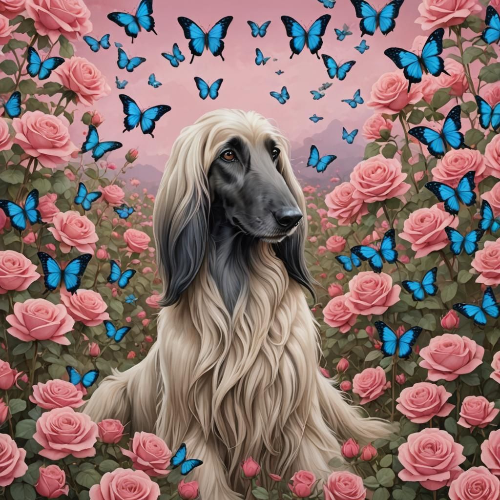 Anime Afghan Hound in Rose Field