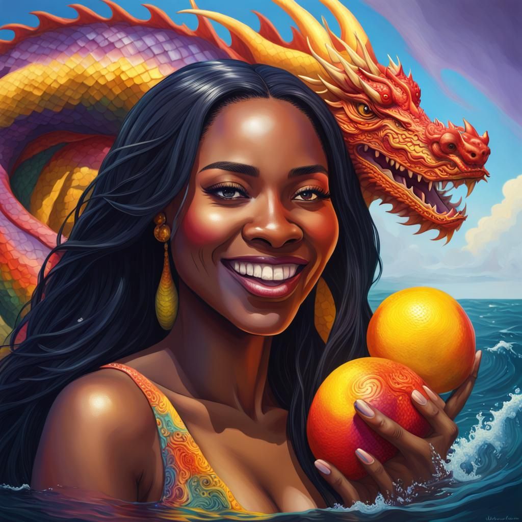 Nigerian Woman and Multicolored Dragon in Ocean
