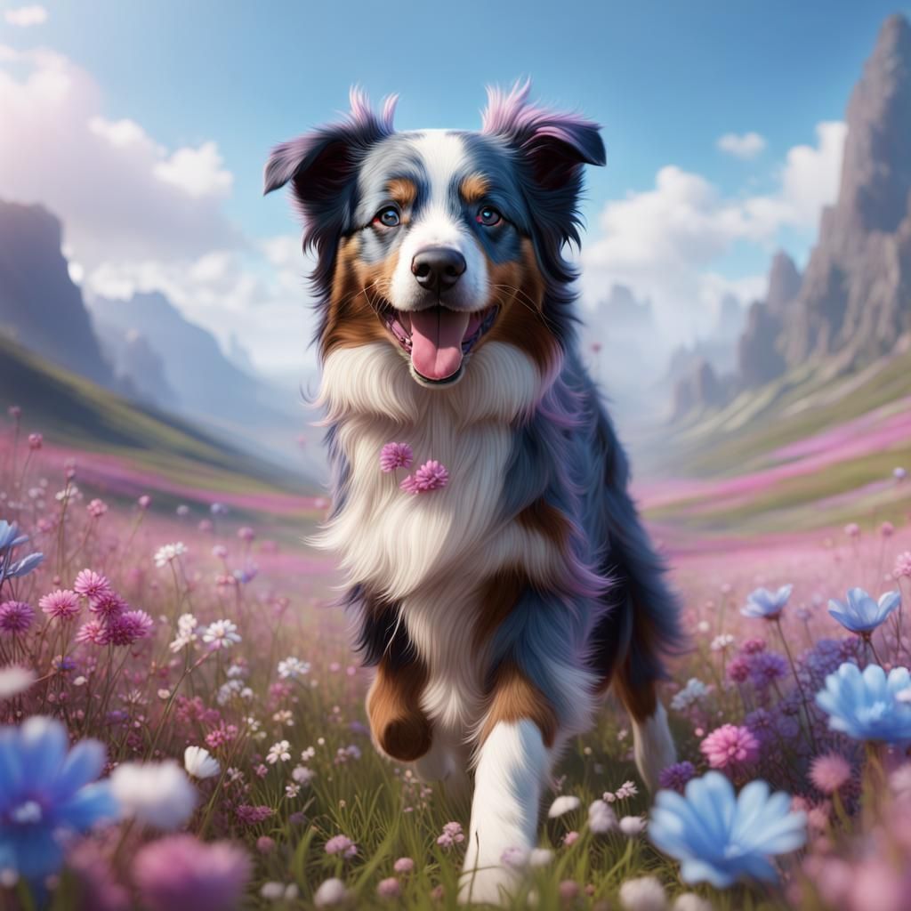 Playful Blue Merle Shepherd in Flower Field