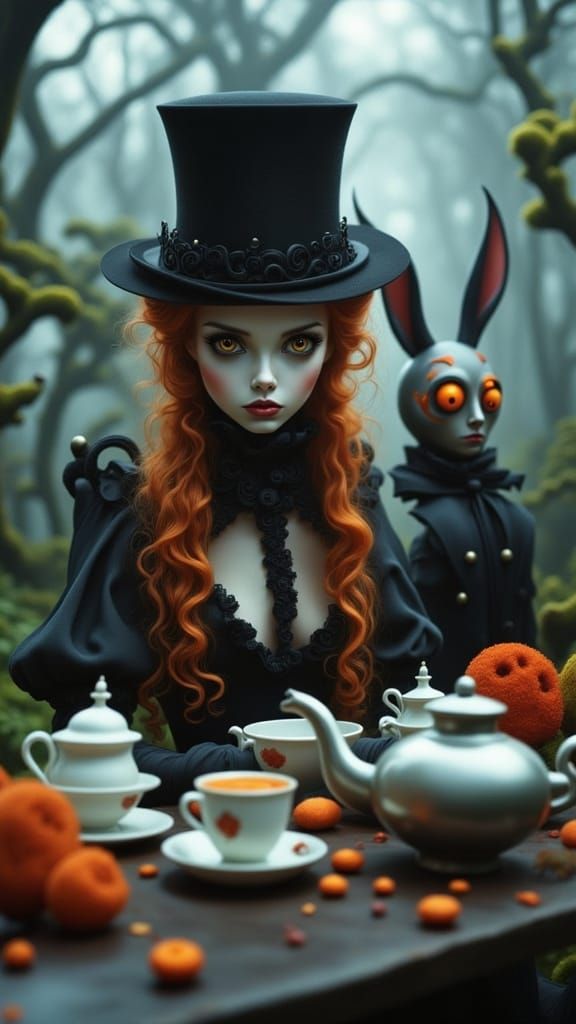 Surreal Tea Party Scene in Dark Fantasy Realism Style
