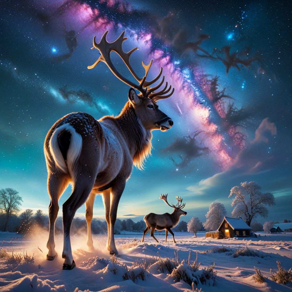 Serene Winter Wonderland with Majestic Wild Reindeer Under E...