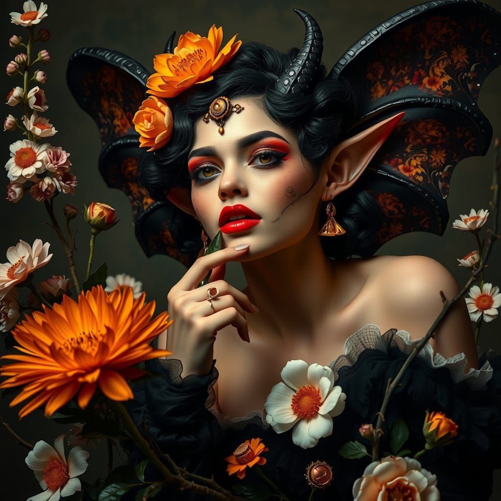 Enchanting Dark Fae in Amber, Cottagecore Art Deco Florals