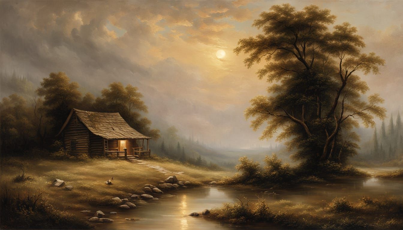 Cabin in Forest Clearing: Romantic Landscape Painting
