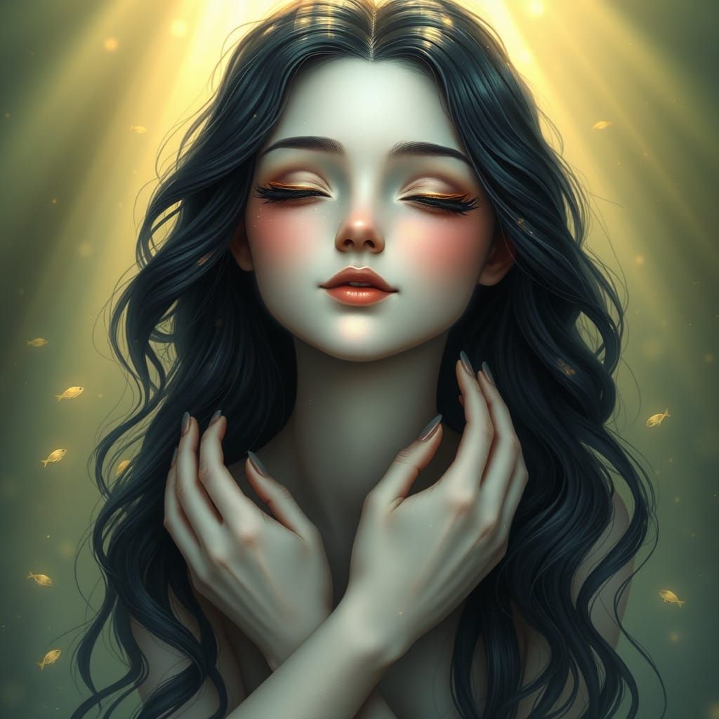 Ethereal Mermaid in Ivory and Light Blue Scales with Golden...