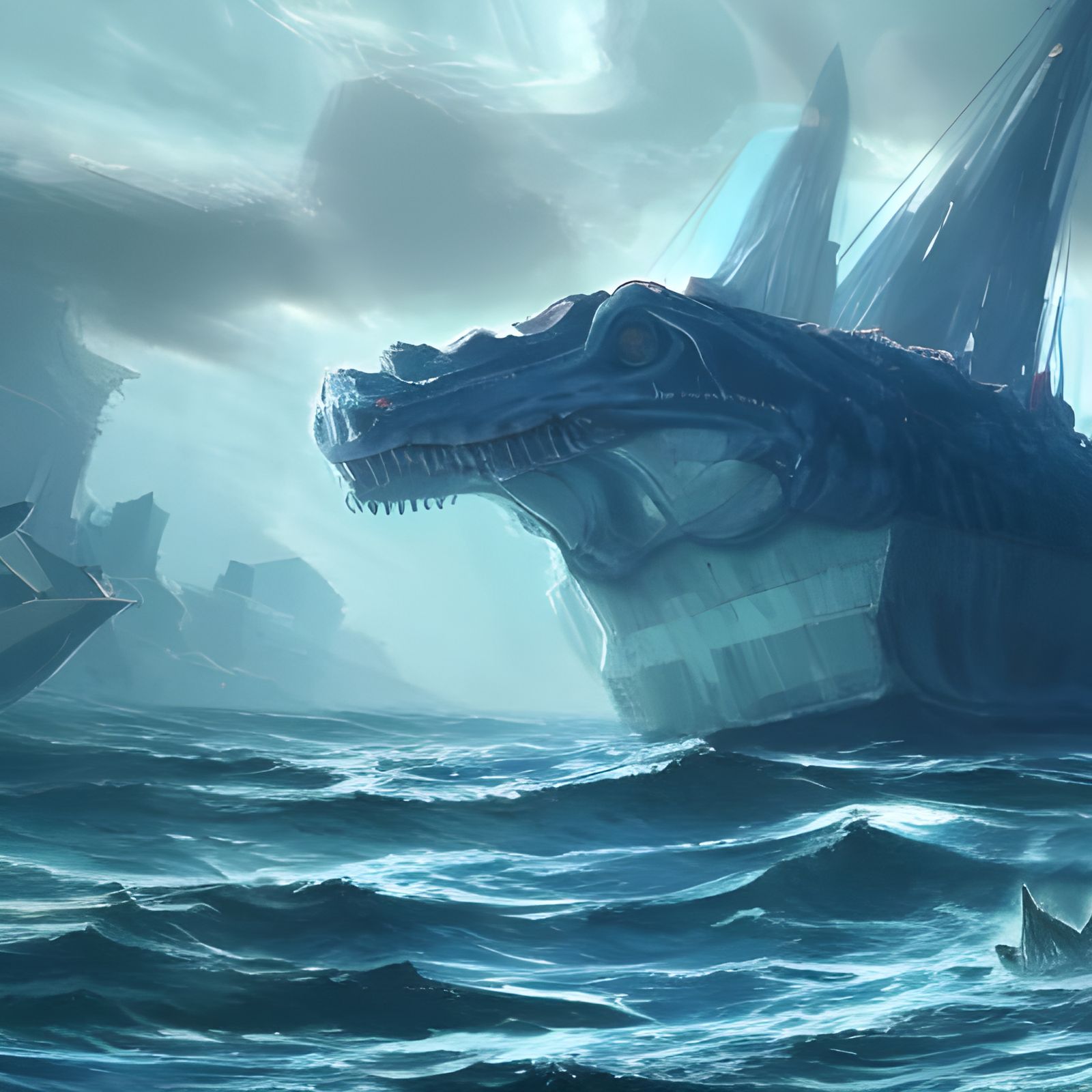 Merchant Ship and Sea Monster Digital Illustration